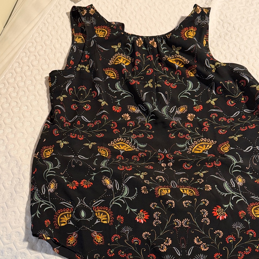 CAbi Black Blouse with Colorful Floral Design